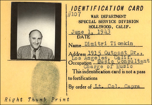 Dimitri Tiomkin, War Department identification card (front), 1943